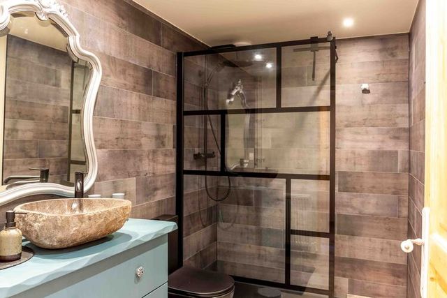 Salle de bain : lavabo, miroir et douche.